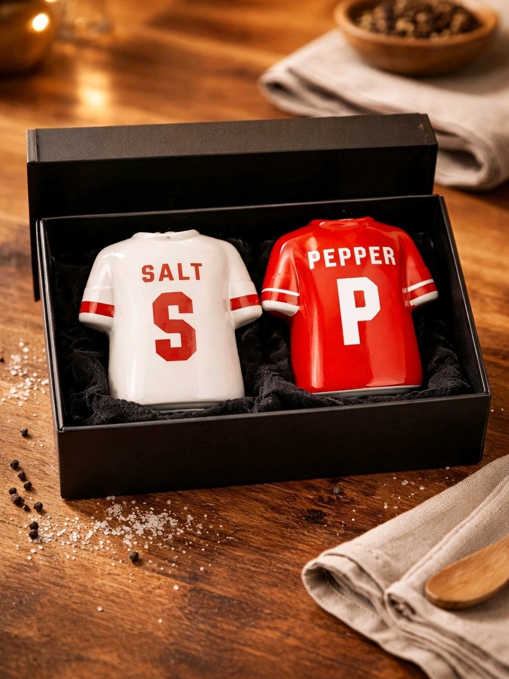 Salt & Pepper Jersey-Shaped Ceramic Shakers - White and Red